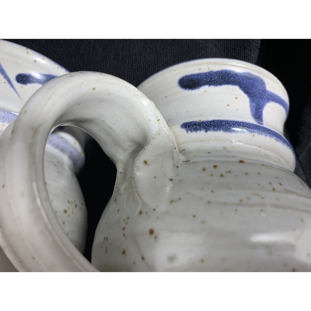 Stoneware Mugs (2) Studio Pottery  Oatmeal speckled Blue drip paint Round belly - Picture 7 of 14